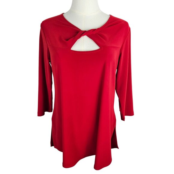 Sympli Red Twist Cut Out Neck Top Sz 10 Stretch 3/4 Sleeve Colorful Professional - Picture 3 of 11
